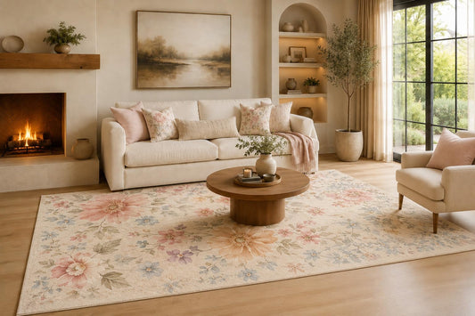 ICE ARMOR Large 6'7" x 9'10" Light Blue and Blush Watercolor Bloom Garden Area Rug for Living Room, Soft Low Pile Carpet with Non-Slip Silicone Backing, Decor for Bedroom and Home Office
