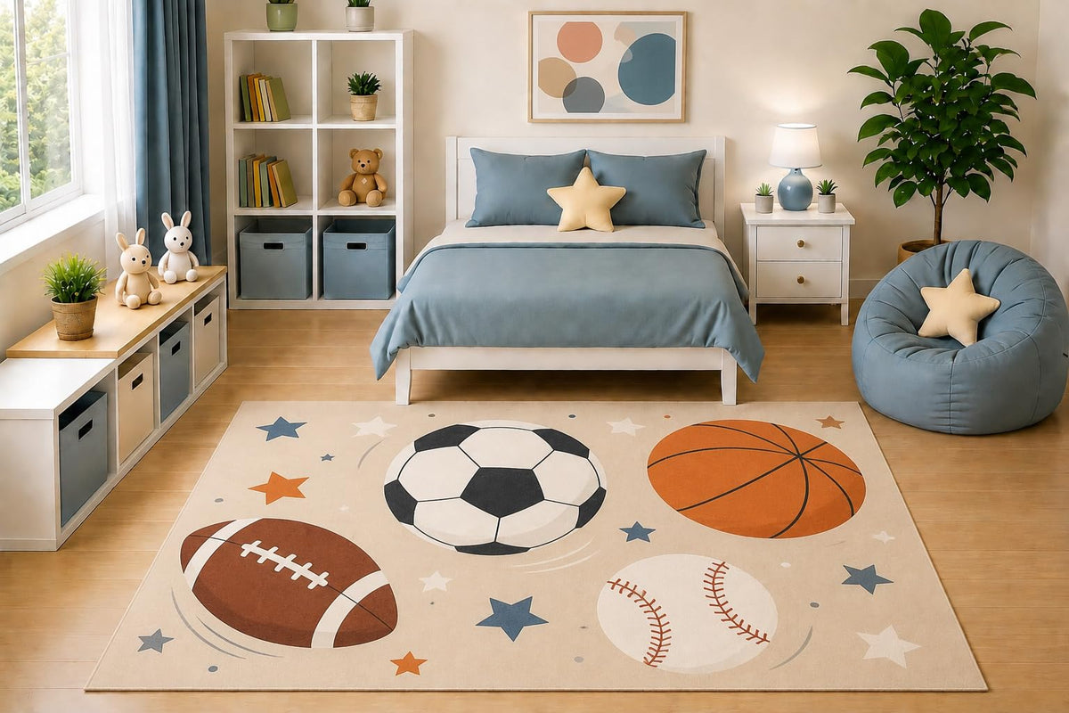 ICE ARMOR 5' x 7' Kids Area Rug Sports Balls Rug Soccer Basketball Football Baseball Bedroom Playroom Decor for Boys Game Room Non-Slip Silicone Backing Low Pile
