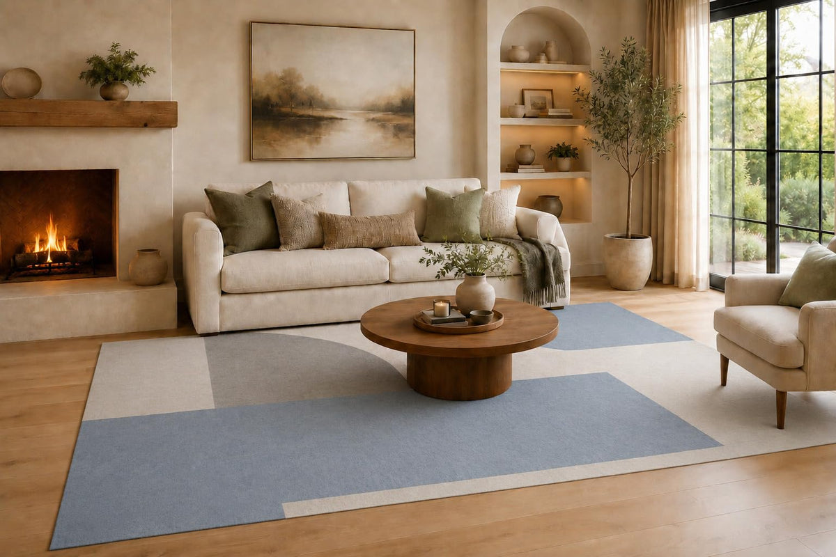 ICE ARMOR Large 6'7" x 9'10" Light Blue and Gray Layered Block Lines Area Rug for Living Room, Soft Low Pile Carpet with Non-Slip Silicone Backing, Decor for Bedroom, Dining Area and Home Office