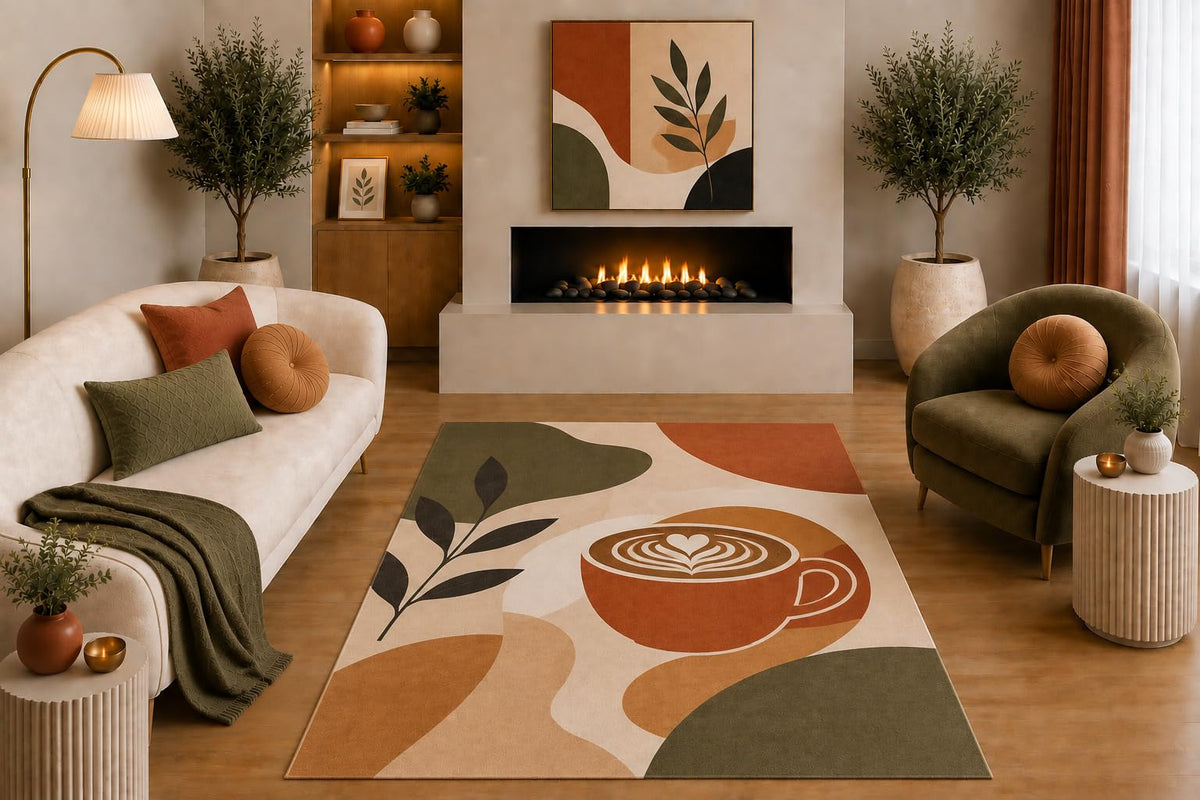 ICE ARMOR "Ultra Light Weight 5' x 7' Boho Coffee Area Rug Terracotta Olive Beige Latte Cup Botanical Abstract Design for Living Room Kitchen Dining Room Non-Slip Silicone Backing Low Pile