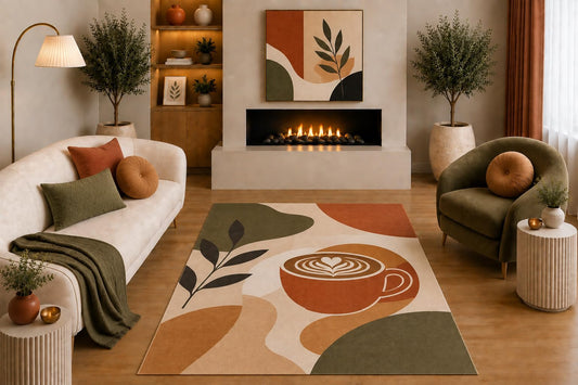 ICE ARMOR "Ultra Light Weight 5' x 7' Boho Coffee Area Rug Terracotta Olive Beige Latte Cup Botanical Abstract Design for Living Room Kitchen Dining Room Non-Slip Silicone Backing Low Pile