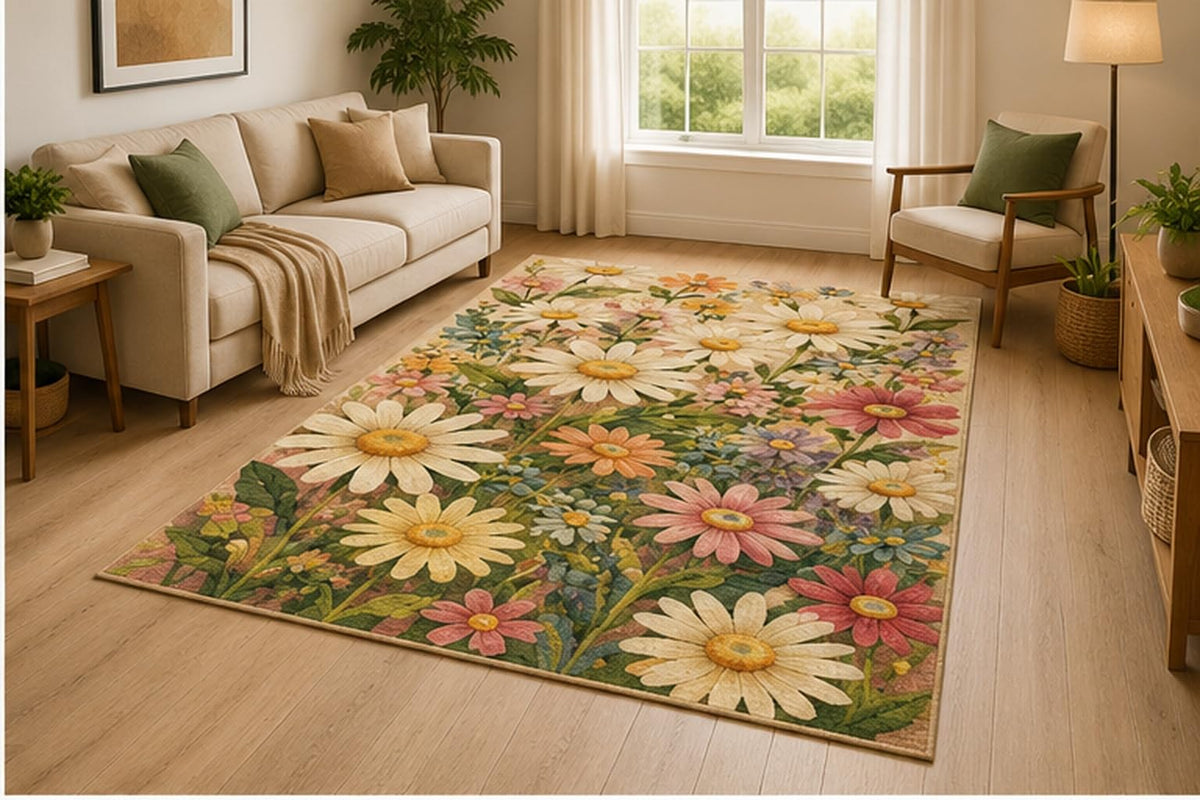 ICE ARMOR 5' x 7' Tropical Ginger Flower Botanical Area Rug for Living Room, Soft Low Pile Indoor Rug with Non-Slip Silicone Backing, Decorative Carpet for Bedroom, Dining Room, Office, Family Room,