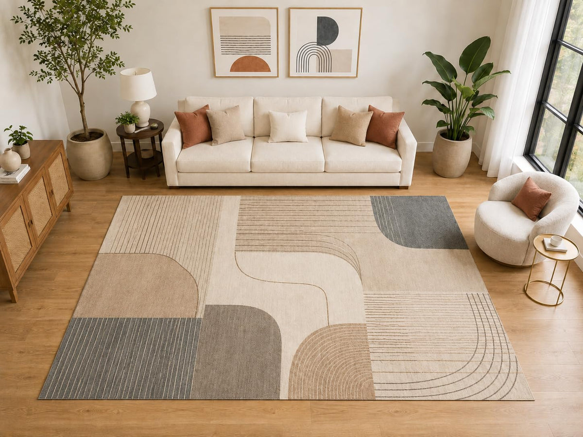 ICE ARMOR "Ultra Light Weight Large 6'7" x 9'10" Mid Century Line Area Rug, Soft Low Pile Indoor Rug and Non-Slip Silicone Backing for Living Room Bedroom, Beige Gray