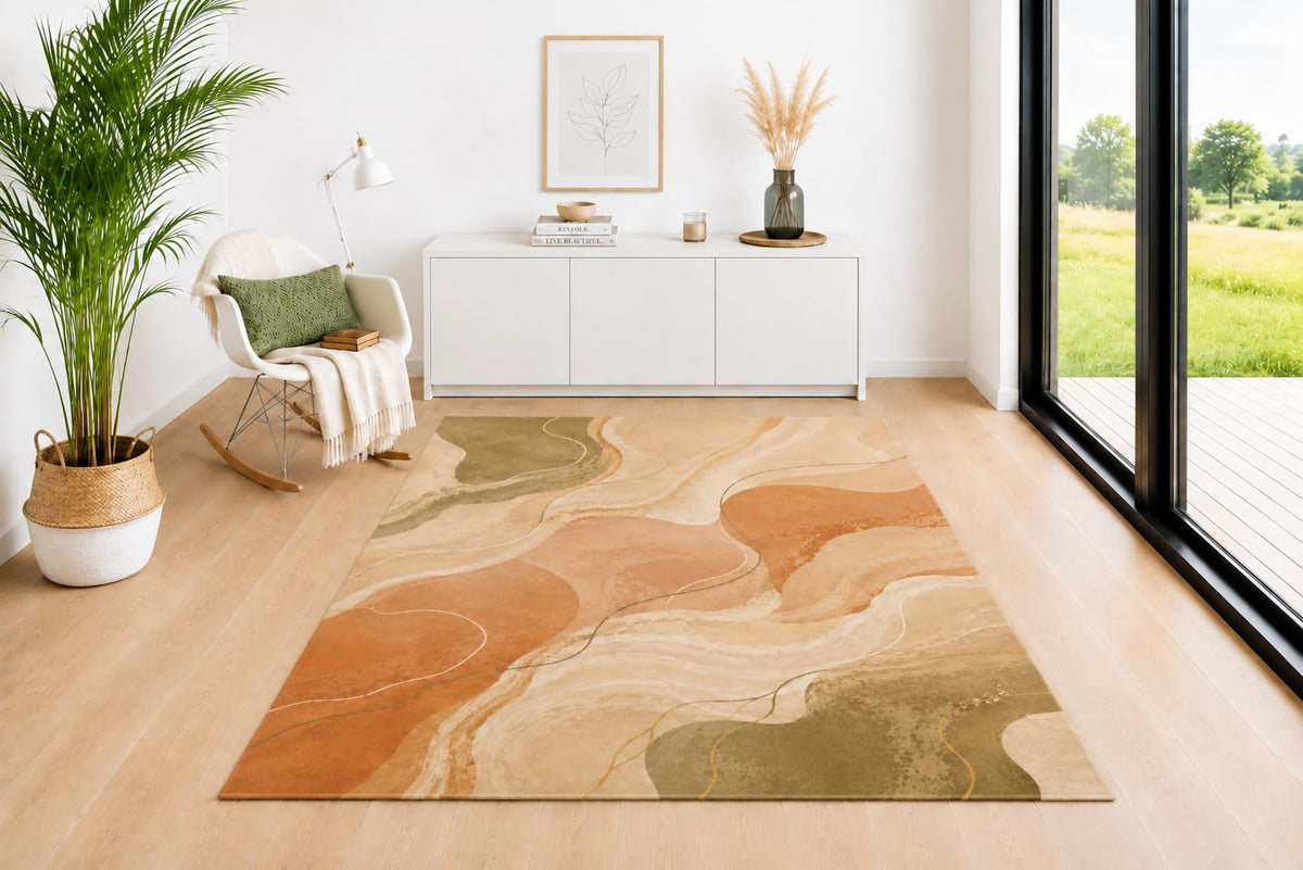 ICE ARMOR 5' x 7' Desert Horizon Area Rug, Modern Earth Tone Pattern in Sage Green Terracotta Taupe Beige and Cream, Soft Low Pile Carpet for Living Room Bedroom Office Decor
