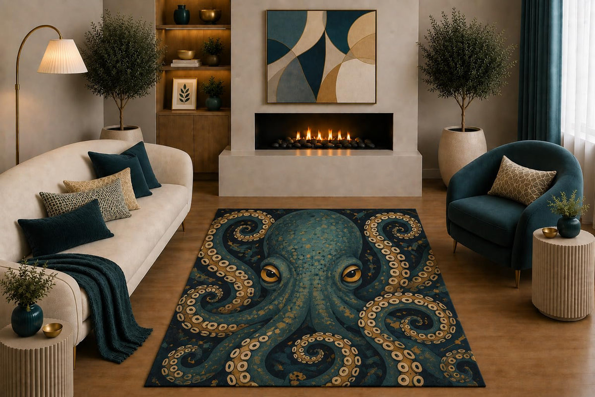 ICE ARMOR "Ultra Light Weight 5' x 7' Teal Gold Octopus Area Rug Coastal Marine Sea Life Art for Living Room Bedroom Office Decor Non-Slip Silicone Backing Low Pile