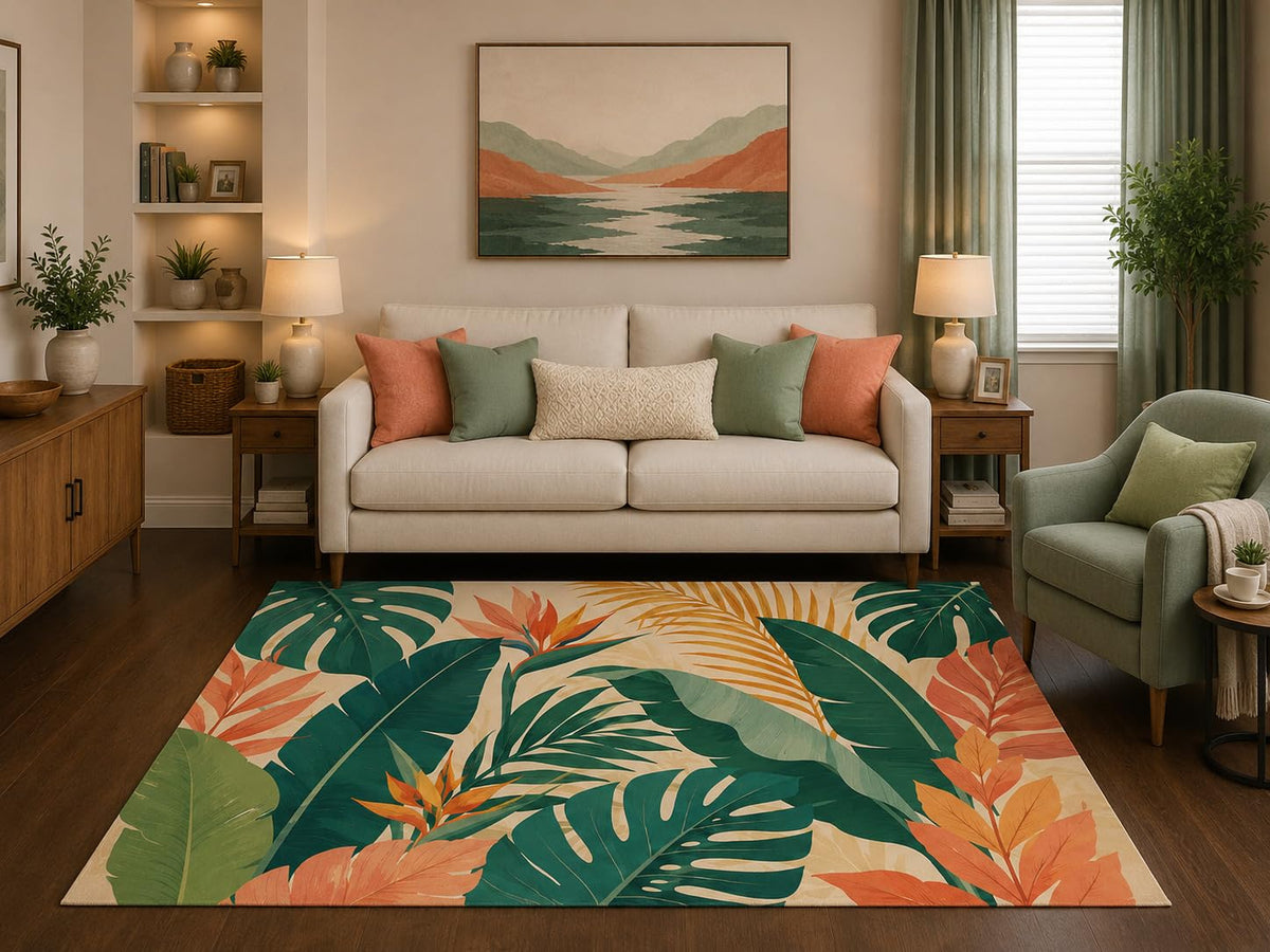 ICE ARMOR 5' x 7' Tropical Botanical Leaf Area Rug Monstera Palm Paradise Coastal Living Room Bedroom Dining Room Decor Non-Slip Silicone Backing Low Pile