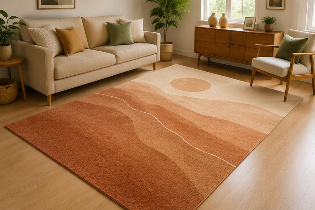 ICE ARMOR 5' x 7' Desert Sunset Abstract Area Rug for Living Room, Soft Low Pile Indoor Rug with Non-Slip Silicone Backing, Contemporary Carpet for Bedroom, Office, Family Room, Terracotta Beige