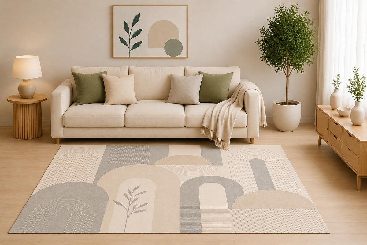 ICE ARMOR 5' x 7' Modern Arch Area Rug, Beige Gray Minimalist Geometric Line Design for Living Room Bedroom Office, Non-Slip Silicone Backing, Low Pile Carpet