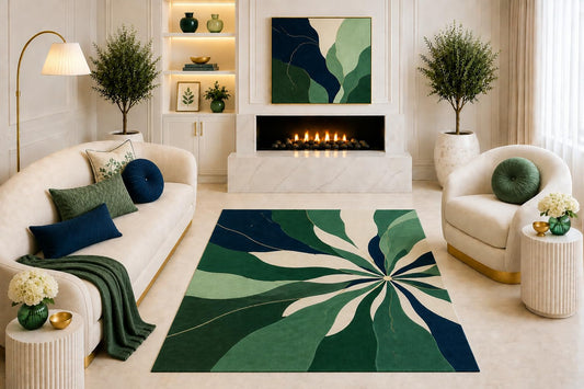 ICE ARMOR "Ultra Light Weight 5' x 7' Emerald Green Navy Abstract Area Rug, Modern Botanical Petal Design for Living Room Bedroom Dining Room Office, Non-Slip Silicone Backing Low Pile