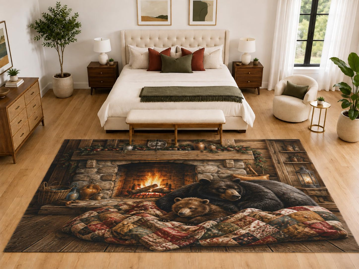 ICE ARMOR "Ultra Light Weight Large 6'7" x 9'10" Bear Family Fireplace Rug, Soft Low Pile Indoor Rug, Non-Slip Silicone Backing for Family Room Brown