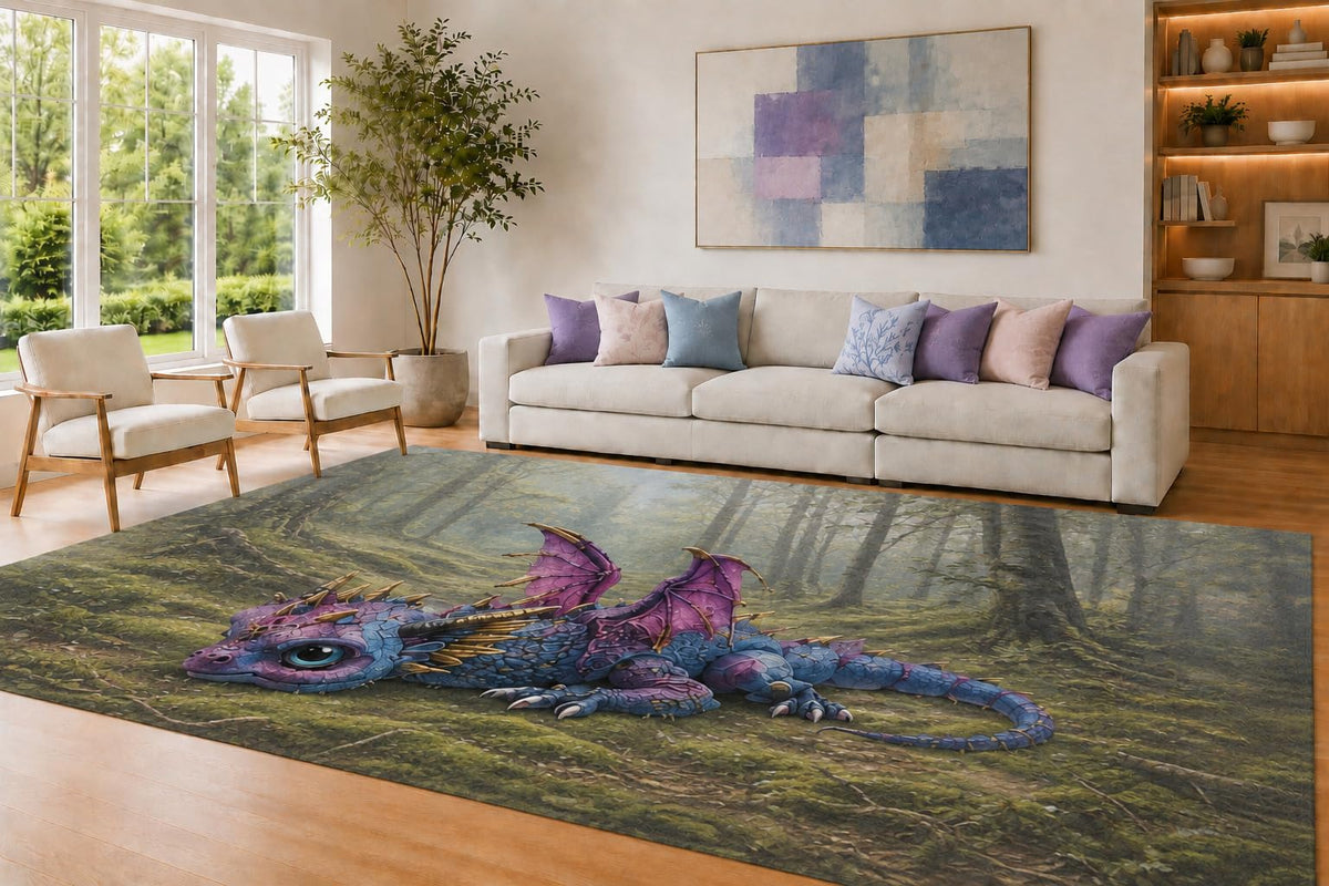 ICE ARMOR Large 6'7" x 9'10" Blue and Purple Baby Dragon Area Rug for Living Room, Soft Low Pile Carpet with Non-Slip Silicone Backing, Decor for Bedroom and Home Office