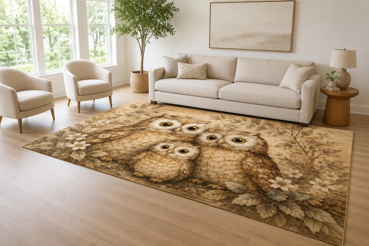 ICE ARMOR Large 6'7" x 9'10" Brown and Beige Owl Family Area Rug for Living Room, Soft Low Pile Carpet with Non-Slip Silicone Backing, Decor for Bedroom and Home Office