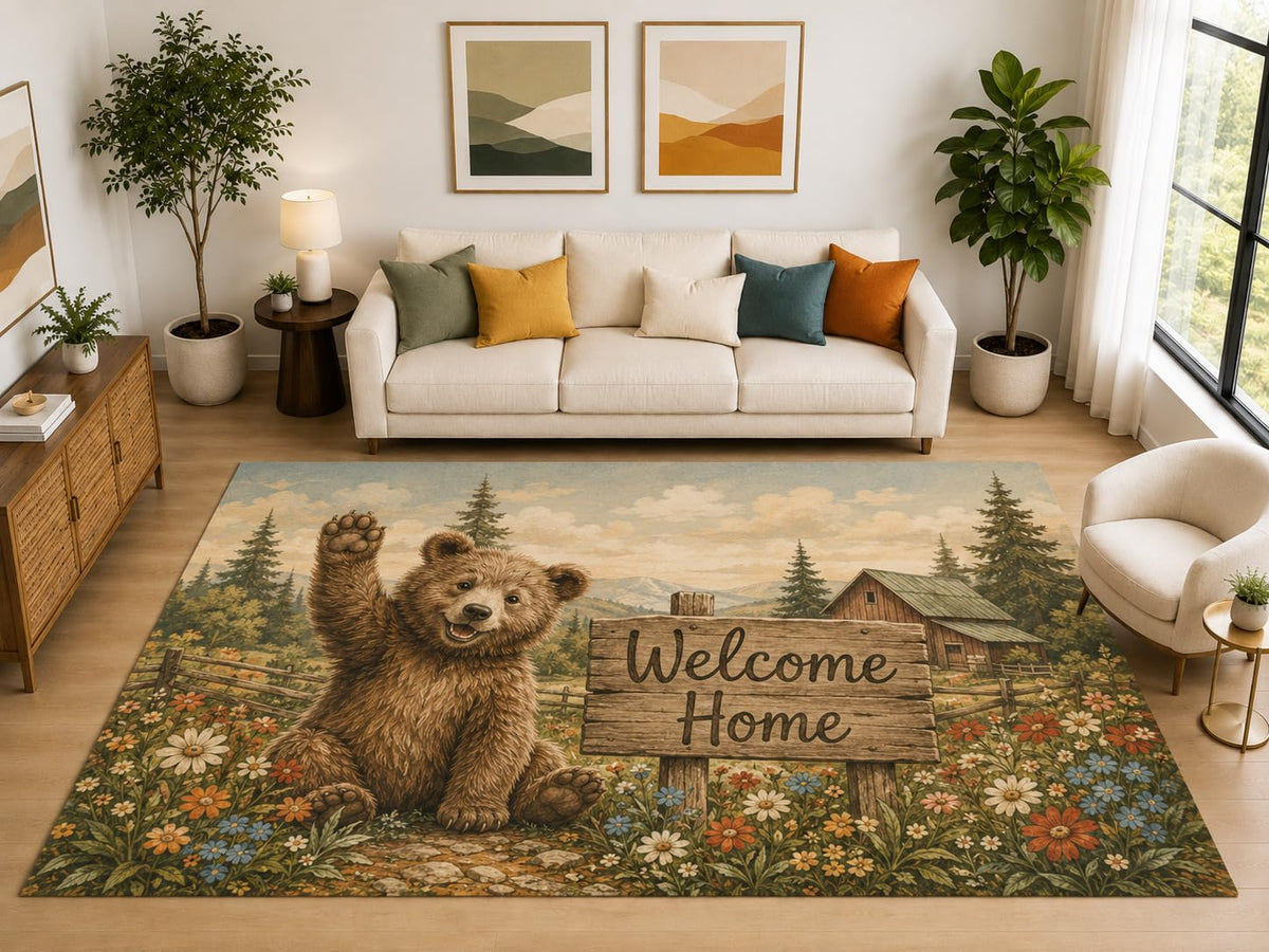 ICE ARMOR "Ultra Light Weight Large 6'7" x 9'10" Welcome Home Bear Cub Rug, Soft Low Pile Indoor Rug, Non-Slip Silicone Backing for Kids Room Brown