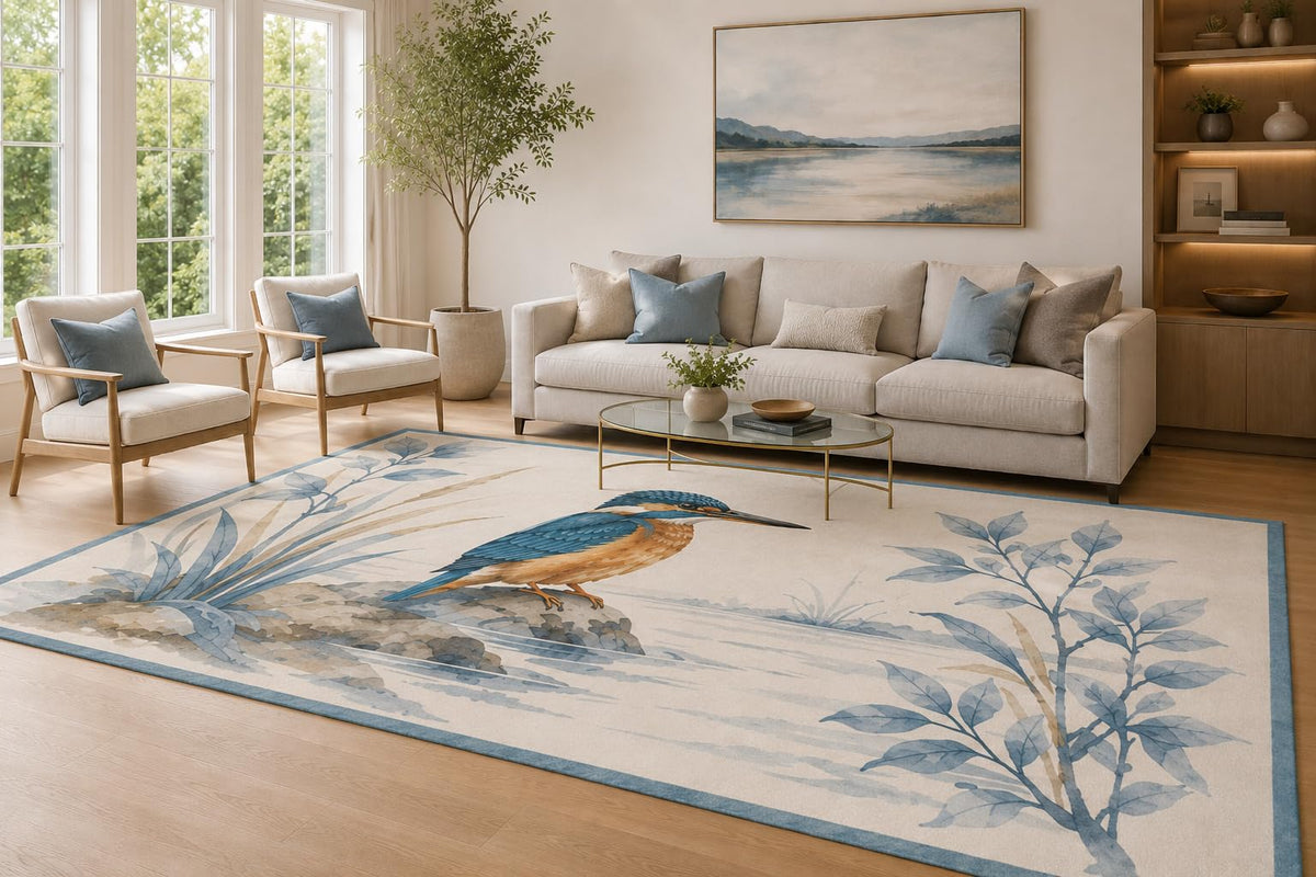 ICE ARMOR Large 6'7" x 9'10" Blue and Cream Kingfisher Garden Area Rug for Living Room, Soft Low Pile Carpet with Non-Slip Silicone Backing, Decor for Bedroom and Home Office