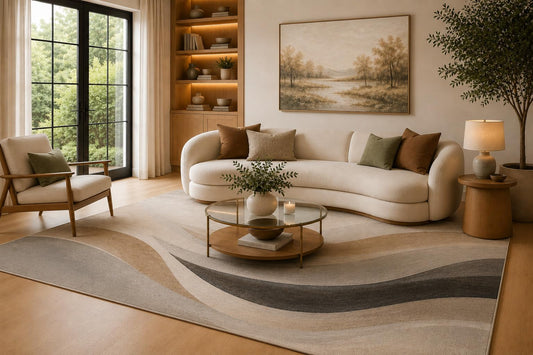 ICE ARMOR 6'7" x 9'10" Beige, Gray and Charcoal Flowing Ribbon Area Rug for Living Room, Soft Low Pile Carpet with Non-Slip Backing for Bedroom, Dining Room and Home Office