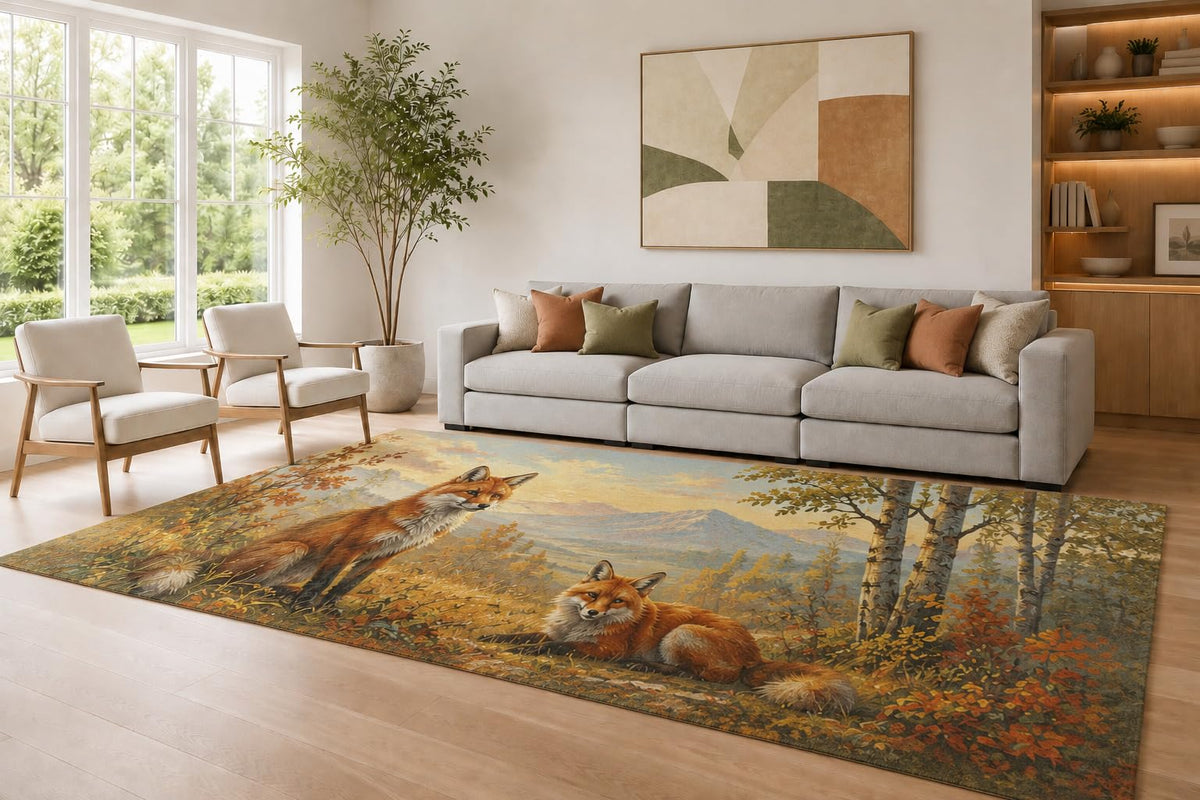 ICE ARMOR Large 6'7" x 9'10" Orange and Blue Fox Pair Area Rug for Living Room, Soft Low Pile Carpet with Non-Slip Silicone Backing, Decor for Bedroom Dining Room and Home Office