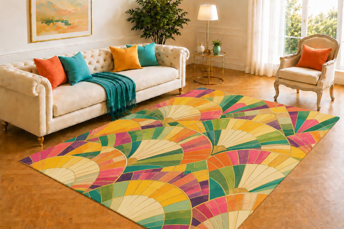ICE ARMOR 5' x 7' Art Deco Fan Mosaic Area Rug for Living Room, Soft Low Pile Carpet with Non-Slip Silicone Backing for Bedroom, Dining Room, Office, Kids and Pets