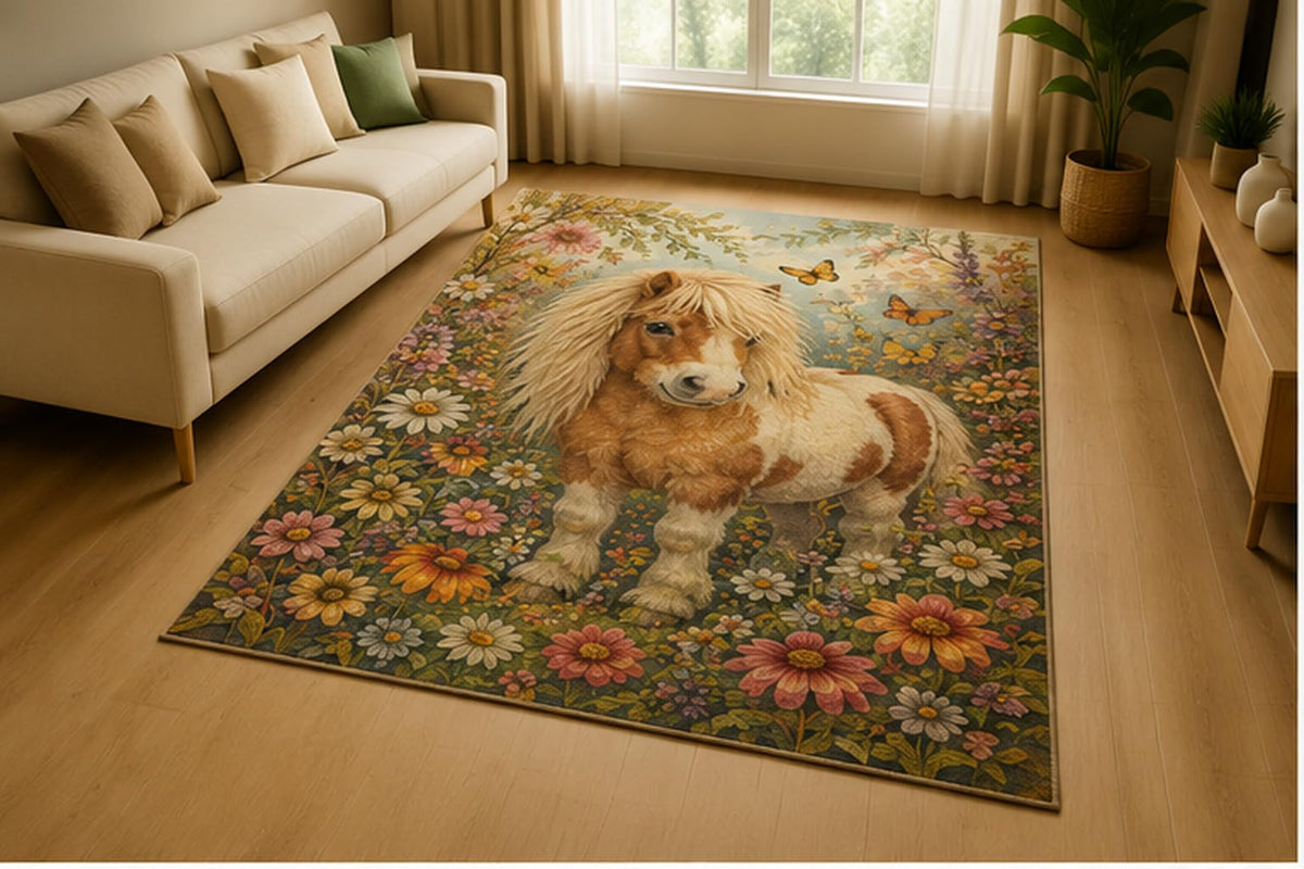ICE ARMOR 5' x 7' Mini Pony Wildflower Garden Area Rug for Living Room, Soft Low Pile Indoor Rug with Non-Slip Silicone Backing, Farm Animal Decor for Bedroom, Nursery, Kids Room, Kids & Pets, Beige