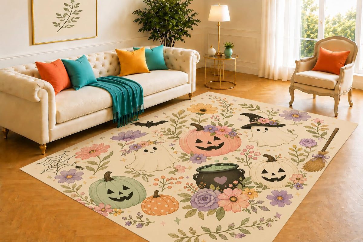 ICE ARMOR 5' x 7' Pastel Floral Halloween Rug, Friendly Ghost Pumpkin Bow Pattern, Gentle Decorative Floor Cover with Stable Silicone Base for Bedroom, Playroom and Dorm