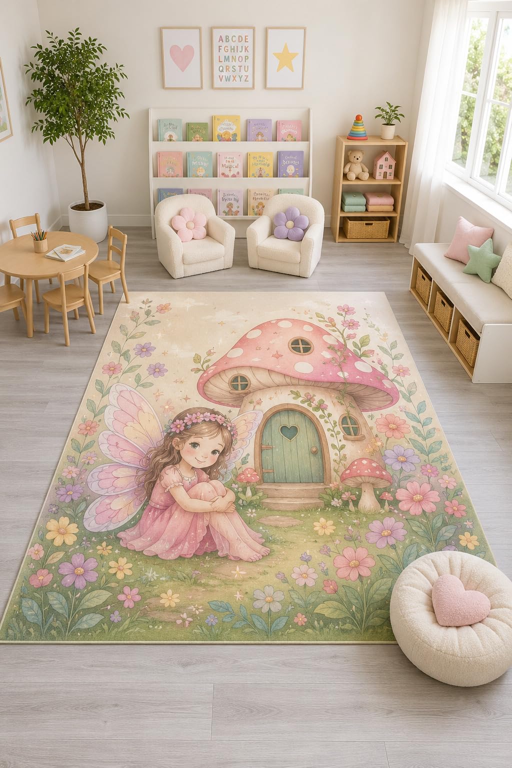 ICE ARMOR "Ultra Light Weight Large 6'7" x 9'10" Fairy Girl Mushroom Rug, Soft Low Pile Indoor Rug, Non-Slip Silicone Backing for Nursery Pink