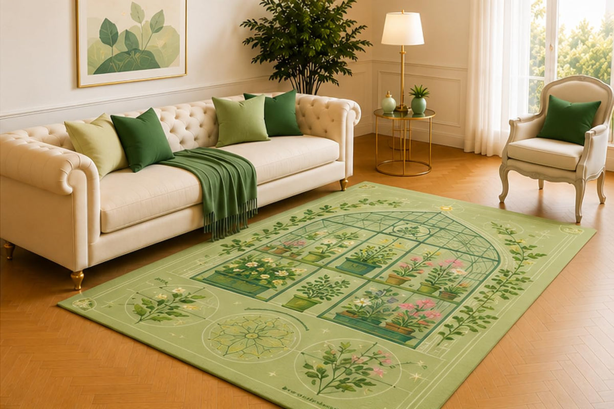 ICE ARMOR 5' x 7' Botanical Conservatory Plan Rug, Sage Green Greenhouse Blueprint with Potted Flowers, Elegant Floor Accent for Sunroom, Office or Reading Nook