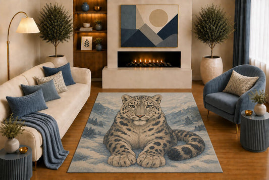 ICE ARMOR "Ultra Light Weight 5' x 7' Snow Leopard Area Rug Mountain Wildlife Portrait Art in Blue Gray Beige for Living Room Bedroom Cabin Office Non-Slip Silicone Backing Low Pile