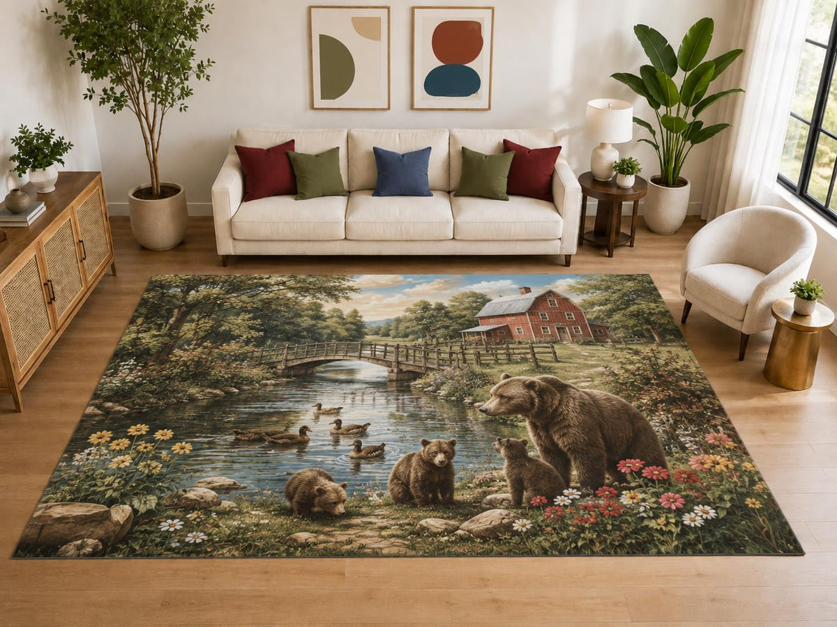 ICE ARMOR "Ultra Light Weight Large 6'7" x 9'10" Bear Family Pond Area Rug, Soft Low Pile Indoor Rug, Non-Slip Silicone Backing, Living Room, Brown