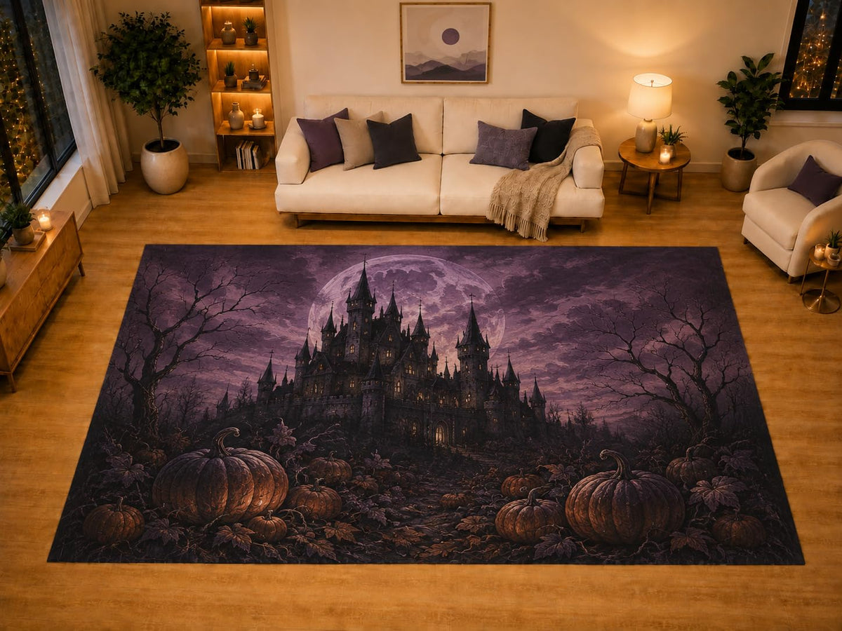 ICE ARMOR "Ultra Light Weight Large 6'7" x 9'10" Gothic Castle Full Moon Pumpkin Area Rug for Living Room Bedroom, Soft Low Pile Non-Slip Backing, Purple Black Halloween Decor