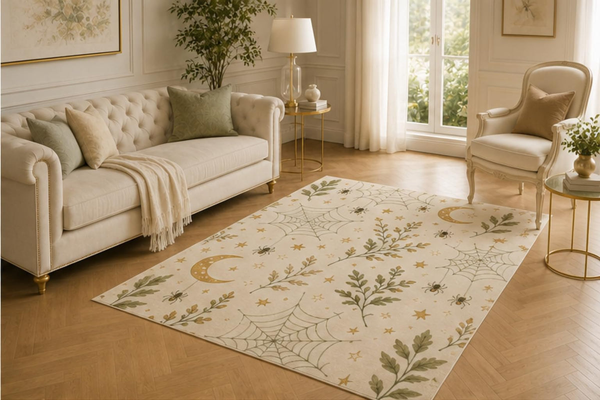 ICE ARMOR 5' x 7' Spider Web Celestial Rug, Moon, Botanical Branches and Tiny Insect Design, Lightweight Anti-Skid Indoor Mat for Nursery, Study, Foyer and Apartment