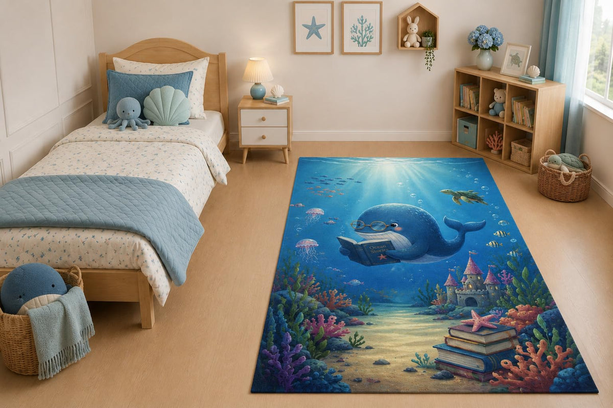 ICE ARMOR "Ultra Light Weight 5' x 7' Ocean Story Whale Area Rug for Living Room, Bedroom and Home Office, Soft Low Pile Carpet with Non-Slip Silicone Backing, Blue and Purple