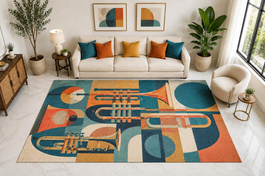 ICE ARMOR "Ultra Light Weight Large 6'7" x 9'10" Trumpet Collage Rug, Soft Low Pile Indoor Rug, Non-Slip Silicone Backing for Living Room Teal