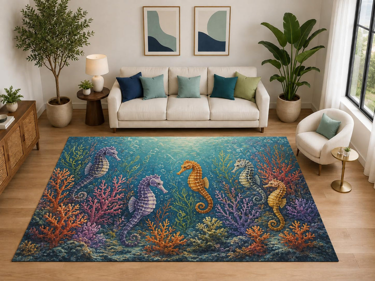 ICE ARMOR "Ultra Light Weight Large 6'7" x 9'10" Seahorse Reef Rug Kids Room, Soft Low Pile Indoor Rug and Non-Slip Silicone Backing, Teal Blue