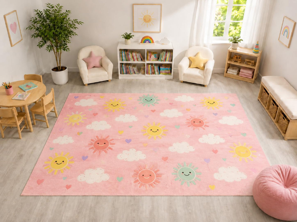 ICE ARMOR "Ultra Light Weight Large 6'7" x 9'10" Smiling Sun Cloud Rug, Soft Low Pile Indoor Rug, Non-Slip Silicone Backing for Kids Room Pink