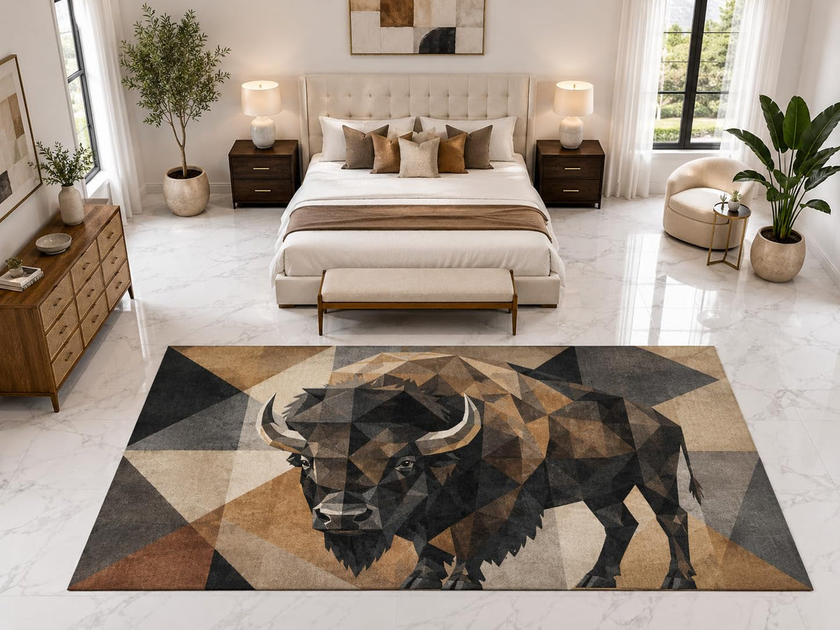 ICE ARMOR "Ultra Light Weight Large 6'7" x 9'10" Geometric Bison Rug, Soft Low Pile Indoor Rug, Non-Slip Silicone Backing for Bedroom Brown Black