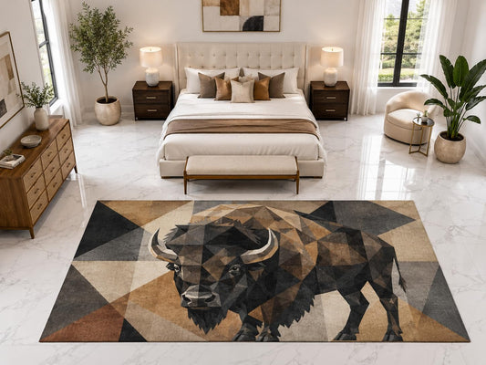 ICE ARMOR "Ultra Light Weight Large 6'7" x 9'10" Geometric Bison Rug, Soft Low Pile Indoor Rug, Non-Slip Silicone Backing for Bedroom Brown Black
