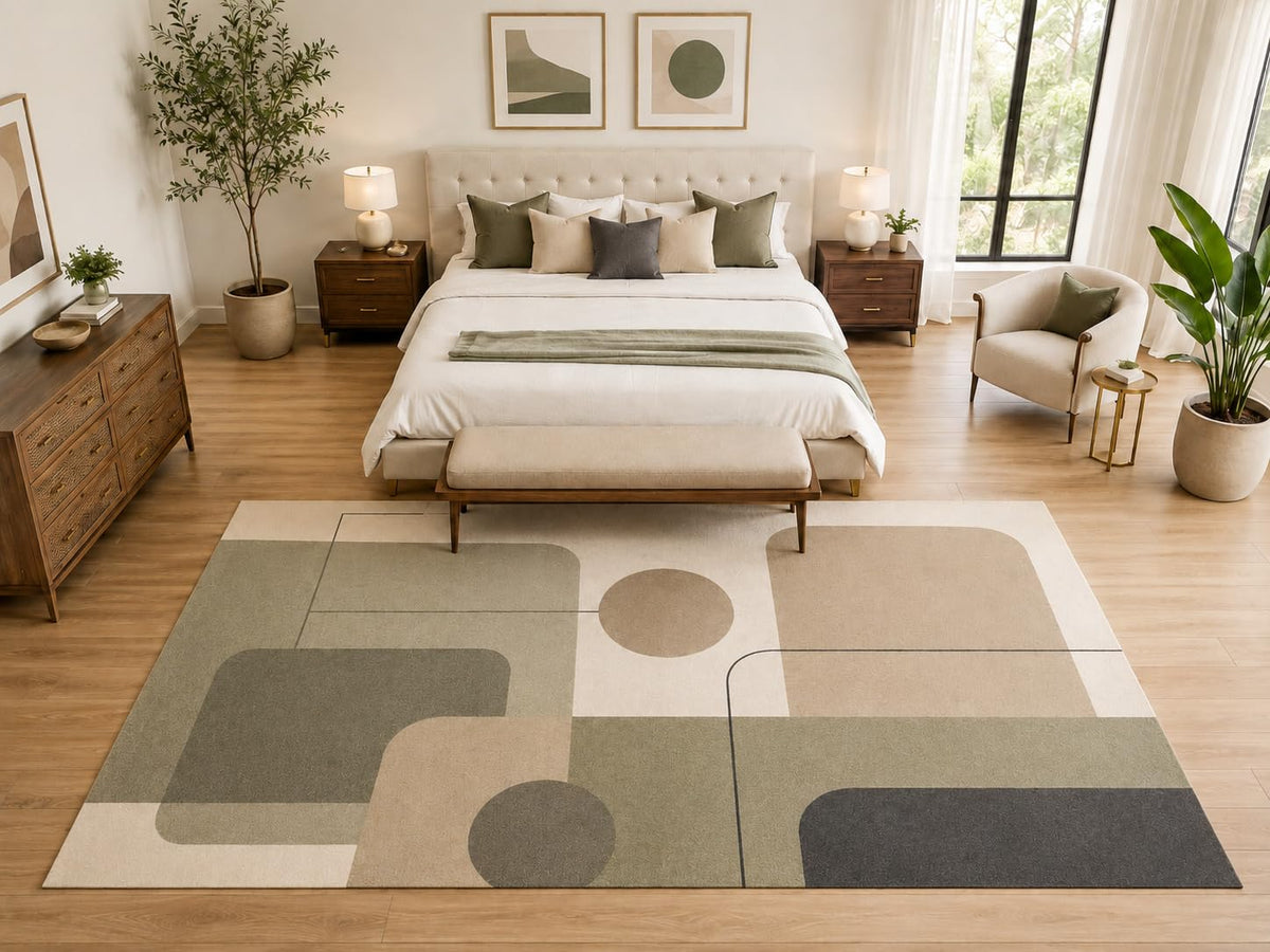 ICE ARMOR "Ultra Light Weight Large 6'7" x 9'10" Modern Rounded Block Rug, Soft Low Pile Indoor Rug, Non-Slip Silicone Backing for Bedroom Beige
