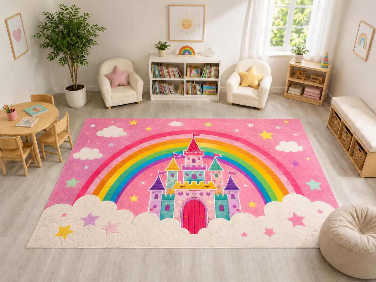 ICE ARMOR "Ultra Light Weight Large 6'7" x 9'10" Rainbow Castle Rug, Soft Low Pile Indoor Rug, Non-Slip Silicone Backing for Kids Room Pink