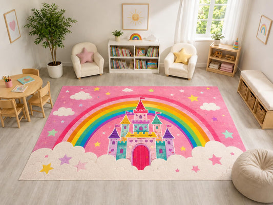 ICE ARMOR "Ultra Light Weight Large 6'7" x 9'10" Rainbow Castle Rug, Soft Low Pile Indoor Rug, Non-Slip Silicone Backing for Kids Room Pink