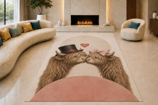 ICE ARMOR "Ultra Lightweight Large 6'7" x 9'10" Highland Cow Kiss Area Rug for Living Room, Bedroom and Home Office, Soft Low Pile Carpet with Non-Slip Silicone Backing, Brown and Beige