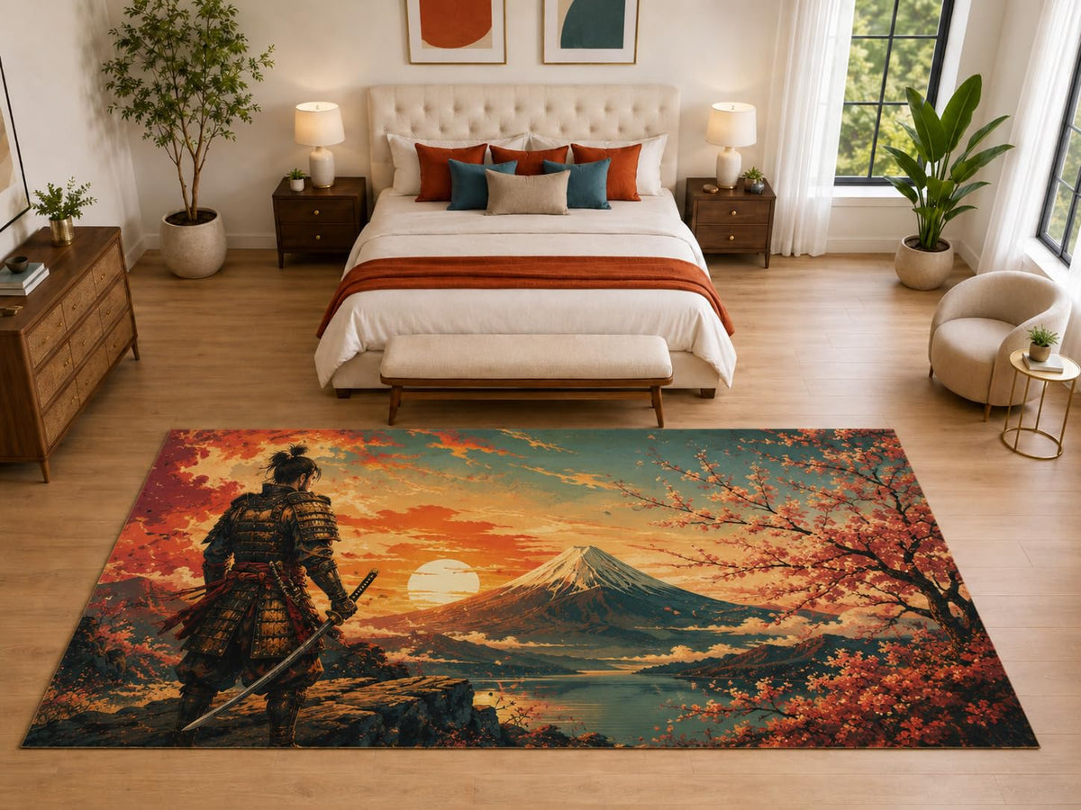 ICE ARMOR "Ultra Light Weight Large 6'7" x 9'10" Samurai Fuji Sunset Rug, Soft Low Pile Indoor Rug, Non-Slip Silicone Backing for Bedroom Orange