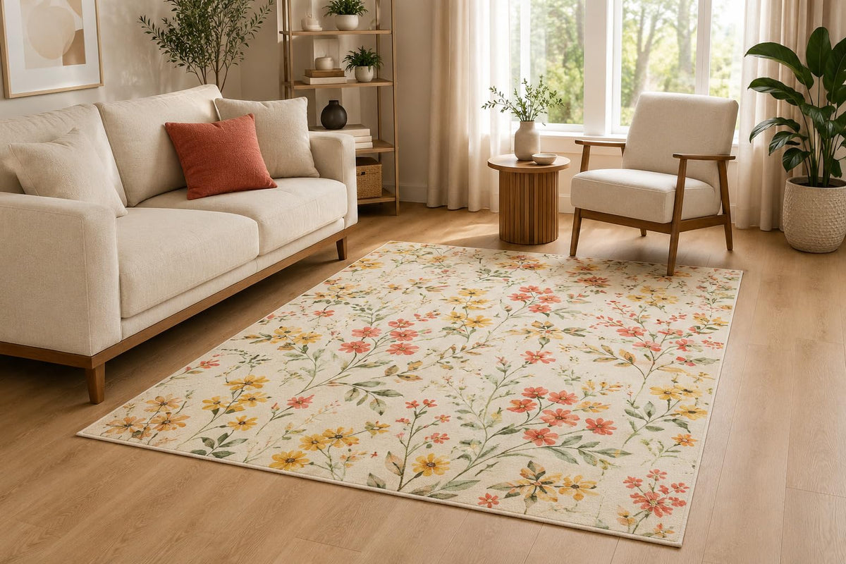 ICE ARMOR 5' x 7' Botanical Meadow Floral Area Rug for Living Room, Soft Low Pile Indoor Rug with Non-Slip Silicone Backing, Bedroom, Nursery, Kids Room, Yellow Coral Ivory