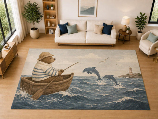 ICE ARMOR "Ultra Light Weight Large 6'7" x 9'10" Bear Dolphin Ocean Decor, Living Room, Bedroom, Dining Room, Office, Family Room, Soft Low Pile Indoor Rug, Non-Slip Silicone Backing, Blue