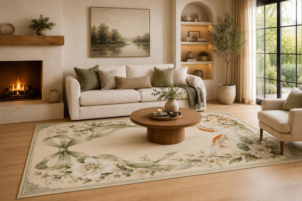 ICE ARMOR Large 6'7" x 9'10" Sage Green and Ivory Lily Ribbon Koi Area Rug for Living Room, Soft Low Pile Carpet with Non-Slip Silicone Backing, Decor for Bedroom, Dining Area and Home Office
