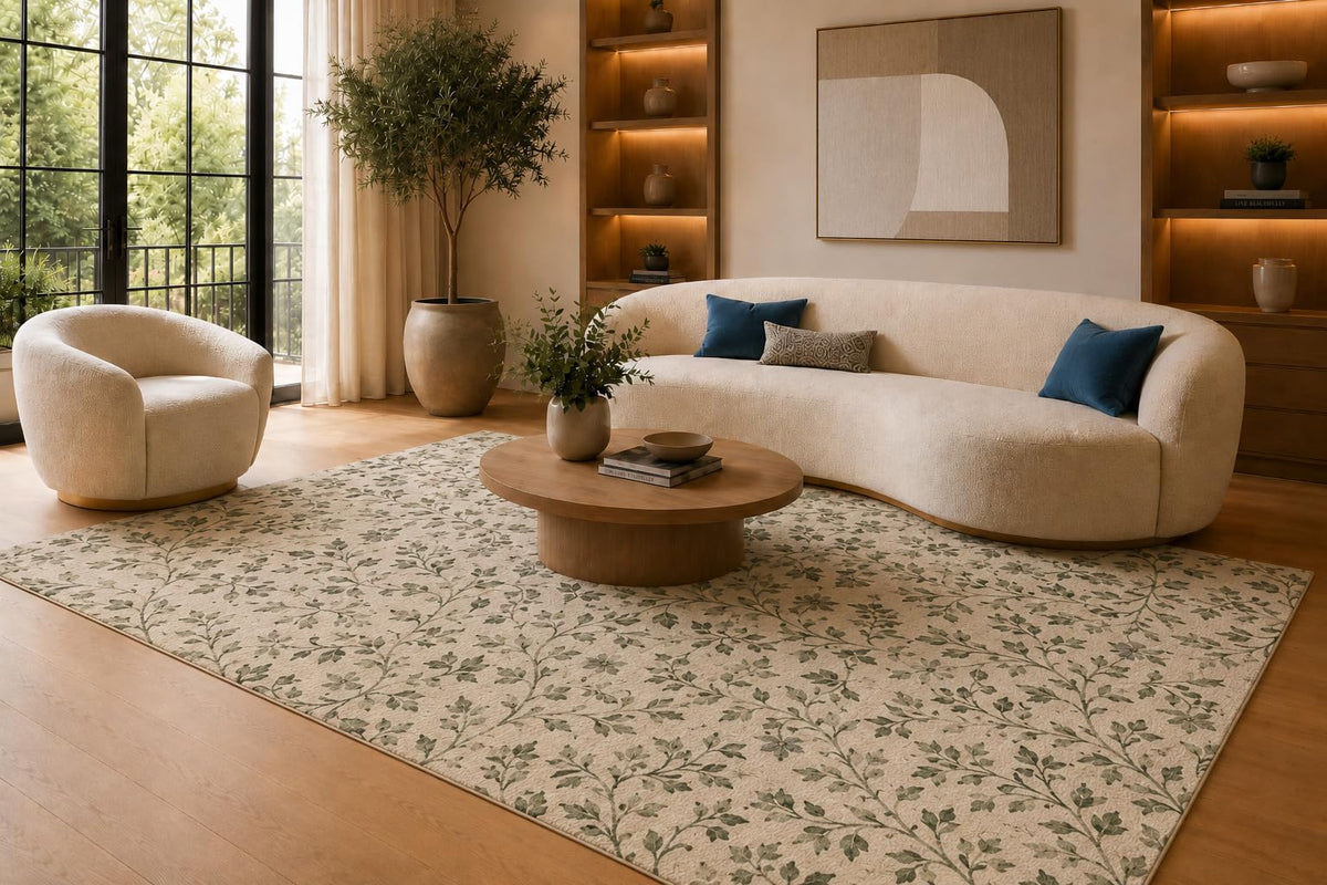 ICE ARMOR 6'7" x 9'10" Green and Cream Delicate Leaf Sprigs Area Rug for Living Room, Soft Low Pile Carpet with Non-Slip Silicone Backing, Floor Decor for Bedroom, Dining Area and Home Office