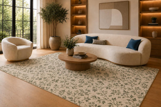 ICE ARMOR 6'7" x 9'10" Green and Cream Delicate Leaf Sprigs Area Rug for Living Room, Soft Low Pile Carpet with Non-Slip Silicone Backing, Floor Decor for Bedroom, Dining Area and Home Office