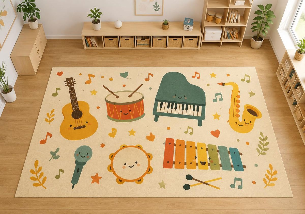 ICE ARMOR Large 6'7" x 9'10" Cute Musical Instruments Area Rug, Soft Low Pile Indoor Rug with Non-Slip Silicone Backing for Kids Room, Playroom, Ivory