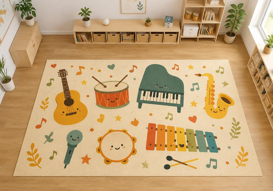 ICE ARMOR Large 6'7" x 9'10" Cute Musical Instruments Area Rug, Soft Low Pile Indoor Rug with Non-Slip Silicone Backing for Kids Room, Playroom, Ivory