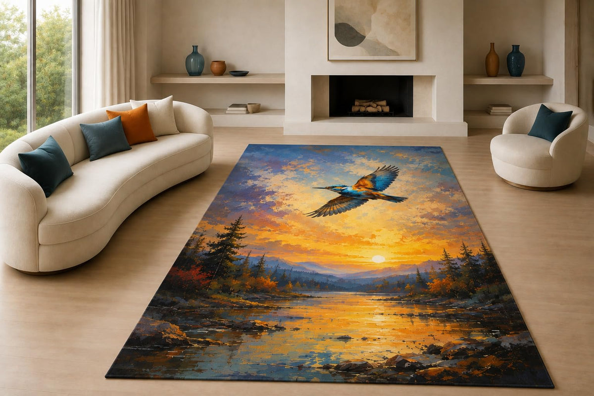ICE ARMOR "Ultra Lightweight Large 6'7" x 9'10" Kingfisher Sunset Area Rug for Living Room, Bedroom and Home Office, Soft Low Pile Carpet with Non-Slip Silicone Backing, Blue and Orange