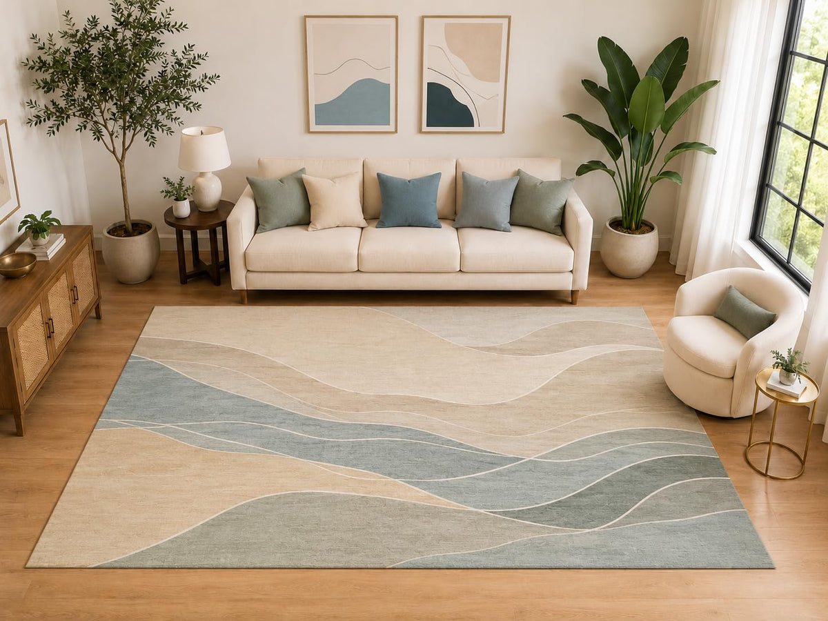 ICE ARMOR "Ultra Light Weight Large 6'7" x 9'10" Abstract Flowing Waves Area Rug, Soft Low Pile Indoor Rug and Non-Slip Silicone Backing for Living Room Bedroom Family Room, Blue Beige