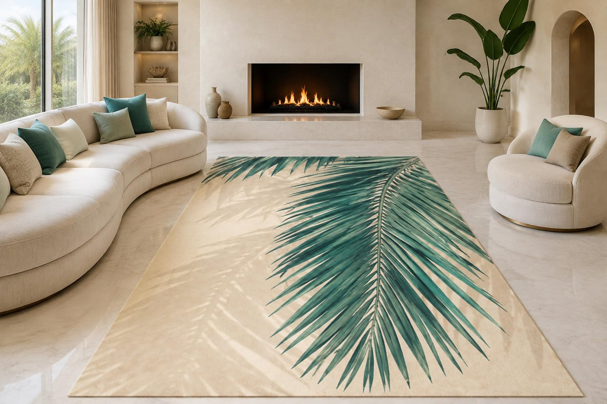 ICE ARMOR "Ultra Lightweight Large 6'7" x 9'10" Minimal Palm Leaf Area Rug for Living Room, Bedroom and Home Office, Soft Low Pile Carpet with Non-Slip Silicone Backing, Teal and Cream